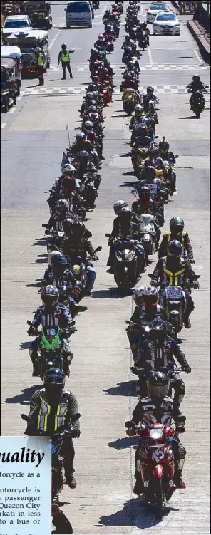  ?? EDD GUMBAN ?? Motorcycli­sts join a unity ride from EDSA in Quezon City to Mendiola in Manila yesterday.