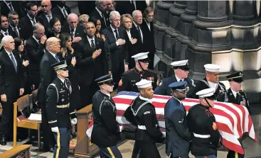  ?? MATT MCCLAIN/WASHINGTON POST ?? President Donald Trump and former Presidents Barack Obama, Bill Clinton and Jimmy Carter were among those who attended the service for former President George H.W. Bush.