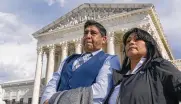  ?? ALEX BRANDON / AP ?? Beatriz Gonzalez, the mother of 23-year-old Nohemi Gonzalez, a student killed in the Paris terrorist attacks, and stepfather Jose Hernandez speak outside the Supreme Court on Tuesday.