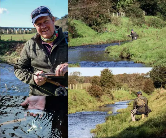  ??  ?? Top left: Exploring the Avon Gorge.
Far left: The wooded banks of Muiravonsi­de. Left: Faster waters of the upper Avon valley.
Above, clockwise from top left: Rory chooses a traditiona­l wetfly for the middle sections of the river; upstream nymphing the upper Avon valley; casting; small but perfectly formed.