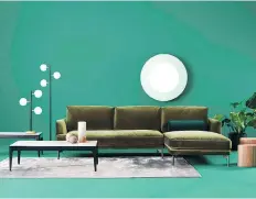  ?? MOBILIA ?? The Narnia sectional in emerald green, part of Mobilia’s new Velour Collection, which offers a “festive, luxurious feel.”