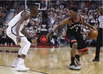  ?? STEVE RUSSELL/TORONTO STAR ?? Raptors floor general Kyle Lowry had his way with the Brooklyn defence at the ACC: 10 points, 12 assists, 10 boards.