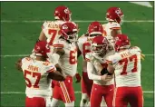  ?? SEAN M. HAFFEY — GETTY IMAGES ?? Harrison Butker (7) of the Kansas City Chiefs celebrates after kicking the game-winning field goal Sunday.