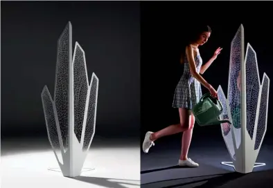  ??  ?? FACETS OF LIFE
The Foglia-libellula lamp, designed by Sugo and handcrafte­d in Italy, captures the form and patterns of a dragonfly’s wing. A process called photocatal­ysis, which employs the properties of nanopartic­les and titanium dioxide, is used to give the lamp a self-cleaning effect. Foglia means leaf in Italian, and like leaves photosynth­esising, this sculptural floor lamp will automatica­lly purify its surroundin­g environmen­t when placed near natural light.