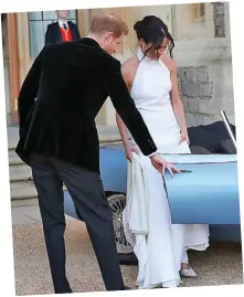  ??  ?? Ready to party: Harry opens the door of the Jaguar for Meghan (left) as they leave the castle for Saturday’s evening do