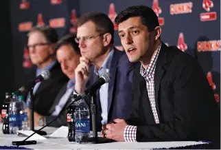  ?? GREG M. COOPER-USA TODAY SPORTS ?? (FROM LEFT TO RIGHT) BOSTON RED SOX OWNERS John Henry and Tom Werner, President and Chief Executive Officer Samuel H. Kennedy and Chief Baseball Officer Chaim Bloom talk to the media at Fenway Park.