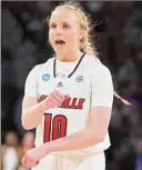  ?? Andy Lyons / Getty Images ?? Hailey Van Lith of Louisville celebrates against Tennessee on Saturday. Van Lith had 23 points and six assists in the victory.