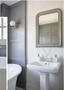  ??  ?? Vicky stays true to the property’s age with traditiona­l fixtures in the bathroom, including a bevelled-edge sink, classic chrome taps and a vintage-look wall light fitting