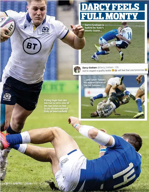  ??  ?? Flying high: Van der Merwe scores one of his two tries as the Scots steamrolle­red Italy at Murrayfiel­d