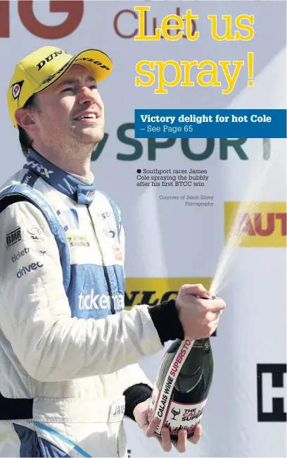  ?? Courtesy of Jakob Ebrey Photograph­y ?? Southport racer James Cole spraying the bubbly after his first BTCC win