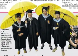  ??  ?? DRESSED FOR PROTEST: Members of the Umbrella Revolution in Hong Kong, right, and, far right, the Sunflower Movement in Taiwan