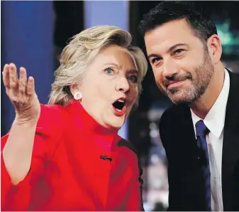  ?? CAROLYN KASTER, AP ?? Democratic U.S. presidenti­al nominee Hillary Clinton talks with host Jimmy Kimmel during a break in the taping of Monday’s Jimmy Kimmel Live! late-night talk show in Los Angeles.