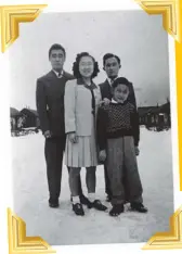  ??  ?? Clockwise from bottom left: Michiko with her father and brothers at the Lemon Creek site. The shack-like houses in the background had little insulation against the cold; Michiko’s father Kenji is second from left in this group of Japanese Canadian forced workers; Michiko “Midge” Ishii Ayukawa became a chemist, historian and author later in life.