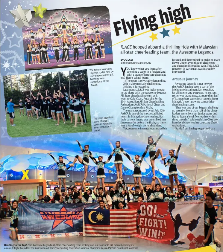  ??  ?? Heading to the top!: The awesome Legends all-Stars cheerleadi­ng team striking one last pose at KLIa2 before boarding its airasia X flight bound for the australian all-Star cheerleadi­ng Federation National championsh­ip (aaScF) in Gold coast,...