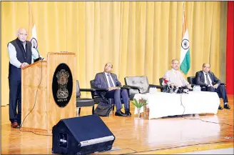  ??  ?? Visiting Minister of State for External Affairs M.J. Akbar addresses the Indian community at the Embassy auditorium.