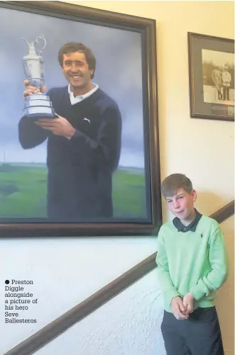  ??  ?? Preston Diggle alongside a picture of his hero Seve Ballestero­s