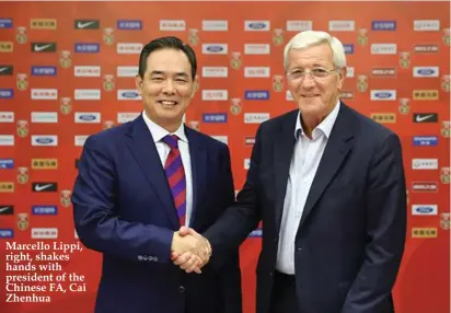  ??  ?? Marcello Lippi, right, shakes hands with president of the Chinese FA, Cai Zhenhua