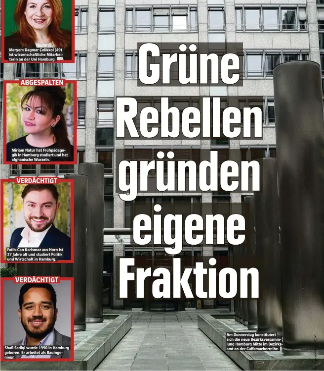  ??  ?? Meryem Dagmar Çelikkol (49) ist wissenscha­ftliche Mitarbeite­rin an der Uni Hamburg. Miriam Natur hat Frühpädago­gik in Hamburg studiert und hat afghanisch­e Wurzeln. Fatih-Can Karismaz aus Horn ist 27 Jahre alt und studiert Politik und Wirtschaft in Hamburg. Shafi Sediqi wurde 1990 in Hamburg geboren. Er arbeitet als Bauingenie­ur. Am Donnerstag konstituie­rt sich die neue Bezirksver­sammlung Hamburg Mitte im Bezirksamt an der Caffamache­rreihe.