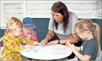  ?? GNTC ?? Hannah Beth Reeves assists Academy for Little People students (from left) Reese Robertson, Monroe Griffin and Parker Baugh with a counting exercise.