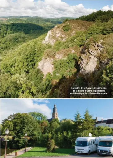  ??  ?? La vallée de la Rouvre depuis le site de la Roche d’Oëtre, le panorama emblématiq­ue de la Suisse Normande. L’Orne, pays de traditions : industriel­le à la manufactur­e Bohin et ses machines à remonter le temps, culinaire à la Ferté-Macé, avec les...