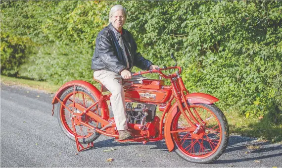  ?? AMANDA JOHNSTON ?? Capt. Mark Hunnibell of Ohio is venturing across America on his 1919 Henderson, following the path of Capt. C.K. Shepherd, who made the same trip 100 years ago.