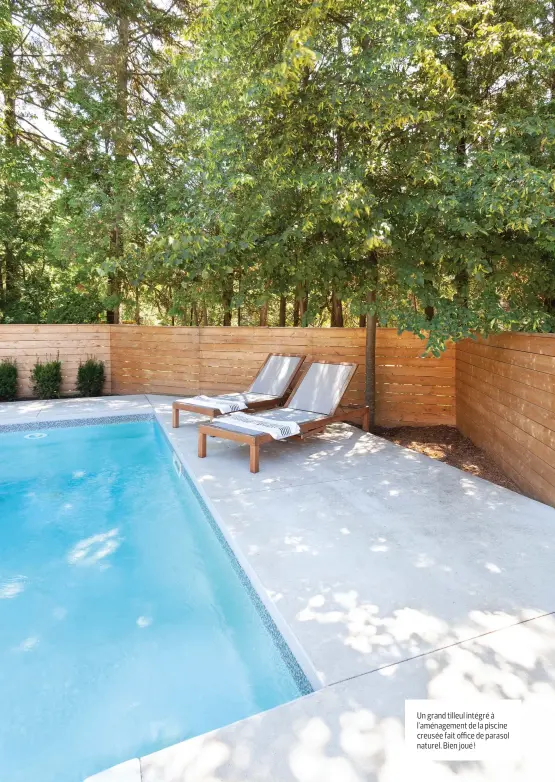  ??  ?? Un grand tilleul intégré à l'aménagemen­t de la piscine creusée fait office de parasol naturel. Bien joué !