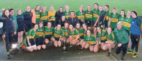  ??  ?? Cooley Kickhams minors celebrate after winning their third championsh­ip in a row.