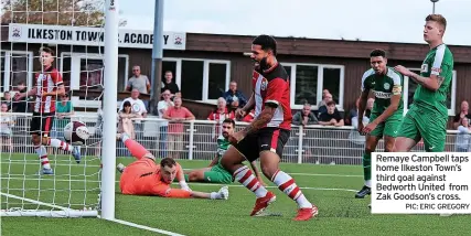  ?? PIC: ERIC GREGORY ?? Remaye Campbell taps home Ilkeston Town’s third goal against Bedworth United from Zak Goodson’s cross.