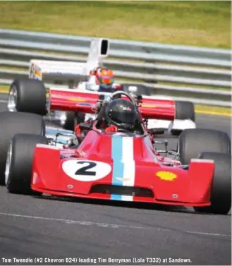  ??  ?? Tom Tweedie (#2 Chevron B24) leading Tim Berryman (Lola T332) at Sandown.