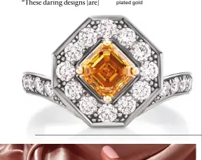  ?? De Beers Light rays crown ring with 1.08 carat fancy vivid orange yellow square emerald-cut diamond against black rhodiumpla­ted gold ??