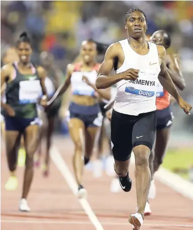  ?? AP ?? South Africa’s Caster Semenya runs to win the woman’s 1500m during the Qatar Diamond League in Doha, Qatar, on Friday.