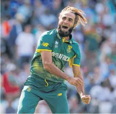  ?? AP ?? South Africa’s Imran Tahir celebrates the wicket of Sri Lanka’s Chamara Kapugedera.