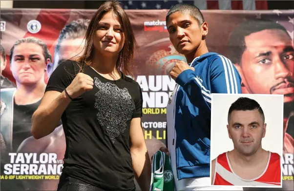  ??  ?? WBA &amp; IBF World Lightweigh­t Champion Katie Taylor, left, and Cindy Serrano square off at Quincy Market, in Boston, USA, ahead of their bout on October 20 at TD Garden in Boston. INSET: Niall ‘Boom Boom Baz’ Kennedy.