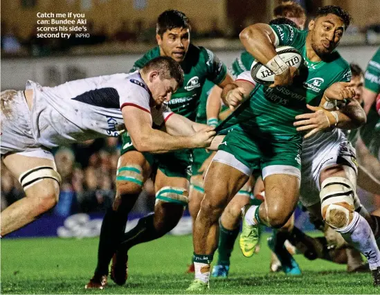  ?? INPHO ?? Catch me if you can: Bundee Aki scores his side’s second try