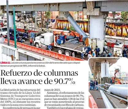  ?? ?? LÍNEA 12. Las estructura­s para la reconstruc­ción del tramo elevado que colapsó tienen un progreso de 98%, informó la Sobse.