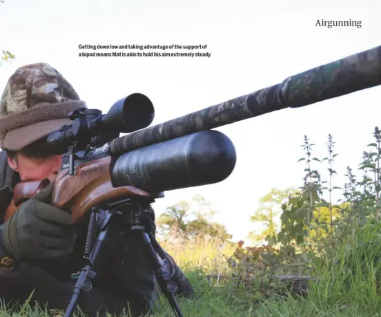  ??  ?? Getting down low and taking advantage of the support of a bipod means Mat is able to hold his aim extremely steady