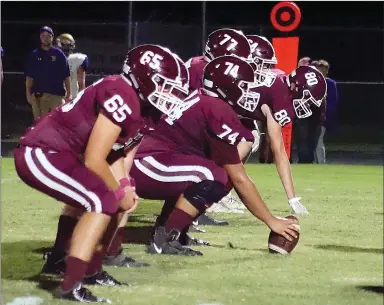  ?? Westside Eagle Observer file photo/RANDY MOLL ?? The Gentry offensive line is set during play against Berryville at Gentry High School earlier this season.