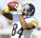  ?? GARY MCCULLOUGH/AP ?? Pittsburgh Steelers wide receiver Antonio Brown has caught at least one touchdown in eight consecutiv­e games.