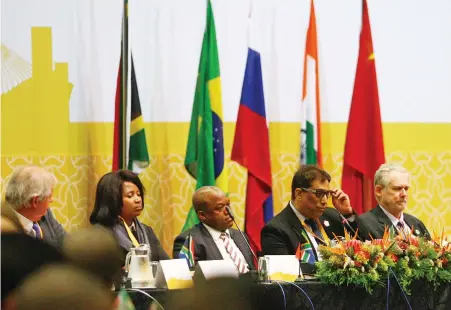  ?? PICTURE: BONGANI MBATHA/AFRICAN NEWS AGENCY (ANA) ?? KICK-START: Jacko Maree, Phumzile Langeni, KZN Acting Premier Sihle Zikalala, Dr Iqbal Survé and Minister Rob Davies at the BRICS Business Council annual meeting, during a session titled ‘South African Investment Opportunit­ies’.