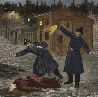  ??  ?? Police discover the body of one of Jack the Ripper’s victims in an illustrati­on from the French newspaper Le Petit Parisien, 1891