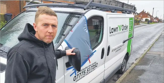  ?? ?? Landscape gardener Ashley Bubb with the van in Woodside Road, Sturry, which was damaged when thieves broke in and stole tools worth thousands of pounds