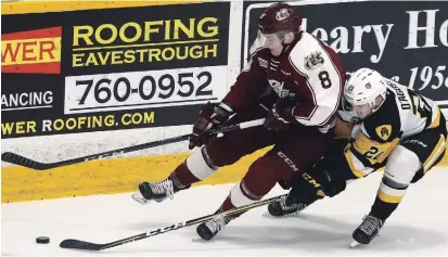  ?? CLIFFORD SKARSTEDT/EXAMINER FILE PHOTO ?? The Peterborou­gh Petes’ Matt McNamara fights for the puck against Hamilton’s Dylan D'Agostino in OHL action in March 2018 at the Memorial Centre. McNamara and his fellow Petes are disappoint­ed the 2020-21 season has been cancelled.