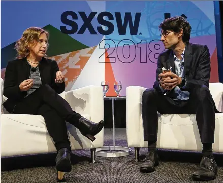  ?? STEPHEN SPILLMAN / FOR AMERICAN-STATESMAN ?? YouTube CEO Susan Wojcicki speaks with Wired magazine’s editor-in-chief, Nicholas Thompson, at SXSW on Tuesday at the Austin Convention Center. Wojcicki said the video company is fighting “fake news.”