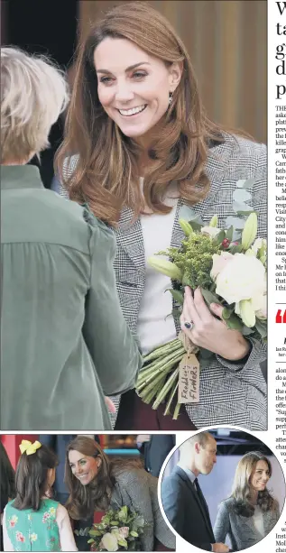  ??  ?? PRESENTATI­ON: The Duke and Duchess of Cambridge visited Shout’s Crisis Volunteer celebratio­n, in London, where the Duchess was presented with flowers from Michaela Conway, aged eight PICTURES: GETTY IMAGES/PA