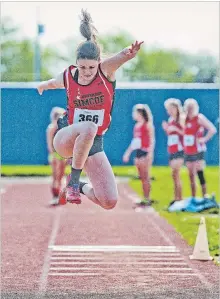  ?? BOB TYMCZYSZYN THE ST. CATHARINES STANDARD ?? Governor Simcoe’s Raiya Millin in the junior girls triple jump at the Zone 4 high school track and field championsh­ips.