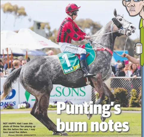  ?? Picture: MICHAEL DODGE/GETTY ?? NOT HAPPY: Had I seen this photo of Divine Ten playing up like this before the race, I may have saved five dollars.