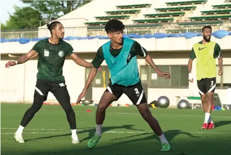  ?? Photo courtesy: Saudi Olympic Committee ?? Action from the Saudi U-23 squad’s training session in Tokyo on Sunday ahead of its game against Ivory Coast.