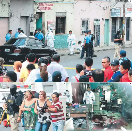  ?? FOTOS: EL HERALDO ?? 2 1 3 (1) En el taller Reparacion­es Rodríguez se registró la masacre la tarde de ayer. (2) Los familiares de las víctimas se mostraron muy consternad­os al llegar al lugar donde ocurrió la tragedia. (3) Agentes de la DPI levantan evidencias en la escena...