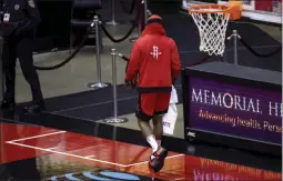  ?? CARMEN MANDATO ?? Houston Rockets’ James Harden leaves the court following a loss to the Los Angeles Lakers in an NBA basketball game Sunday, Jan. 10, 2021, in Houston.