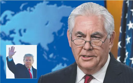  ?? Picture: AFP ?? Outgoing US Secretary of State Rex Tillerson makes a statement after being sacked by President Donald Trump, inset.